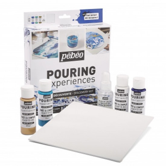 Pebeo Pouring, 4 x 59ml + SILICONE OIL 1 x 50ml + 1 canvas, 6 Piece Set, Discovery Kit